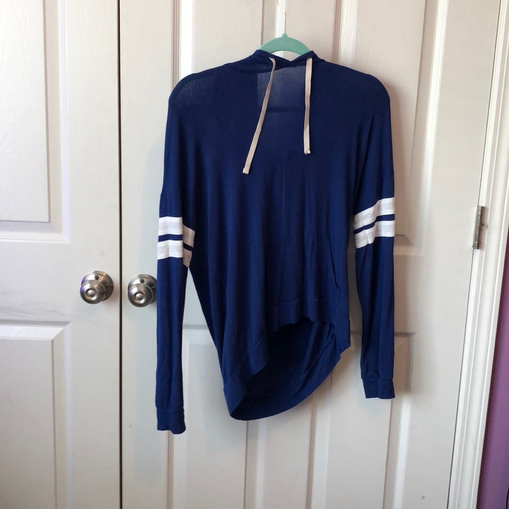 This is a long sleeved blue hoodie
